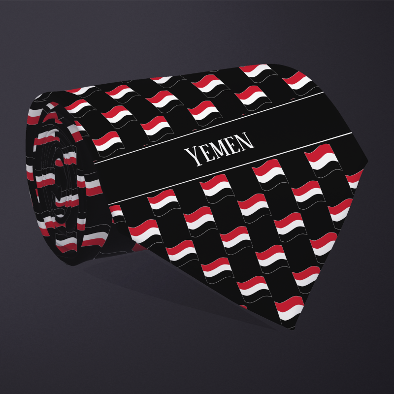 Rolled necktie, with WAVY flag checkerboard design, personalized with text: Yemen