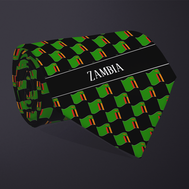 Rolled necktie, with WAVY flag checkerboard design, personalized with text: Zambia