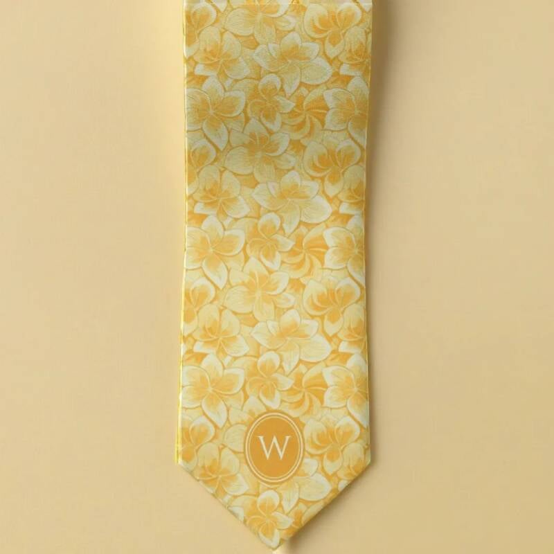 Mustard yellow floral necktie with monogram, personalized design for wedding groomsmen.