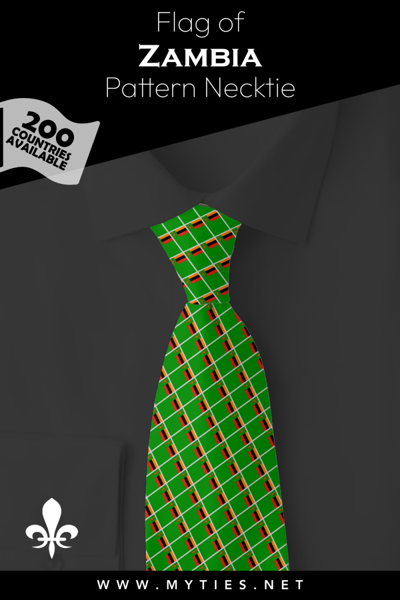 Pinterest Pin image: Flag of Zambia patterned necktie, illustration of Zambia flag necktie on folded black shirt