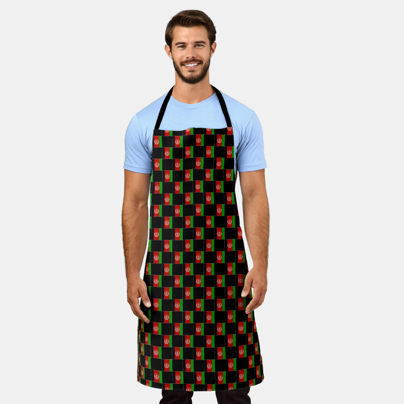Afghanistan flag checkered pattern on full-length apron – perfect for the kitchen or grill.