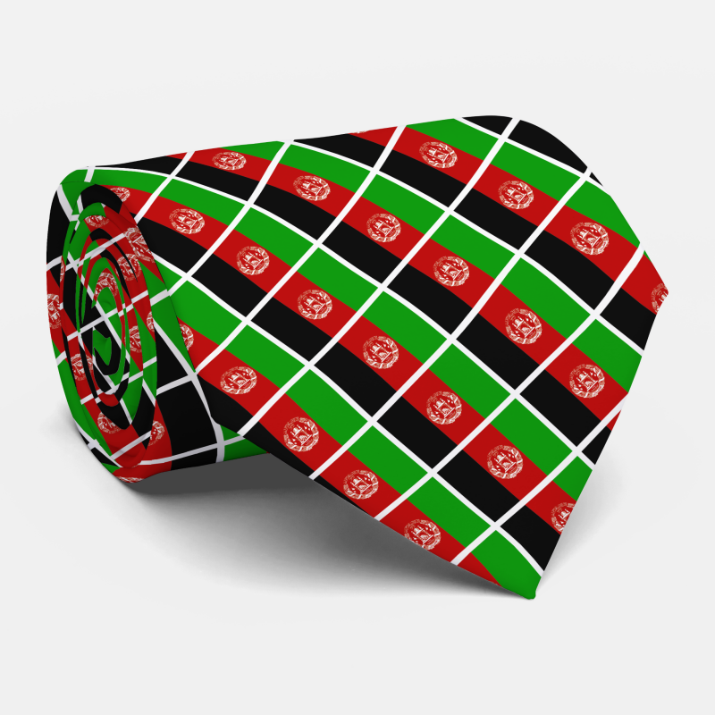 Rolled mens necktie showing detail of Afghanistan flag pattern.