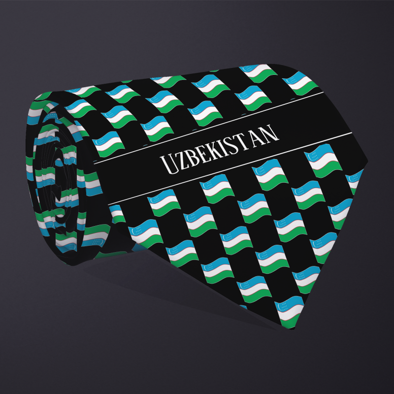 Rolled necktie, with WAVY flag checkerboard design, personalized with text: Uzbekistan