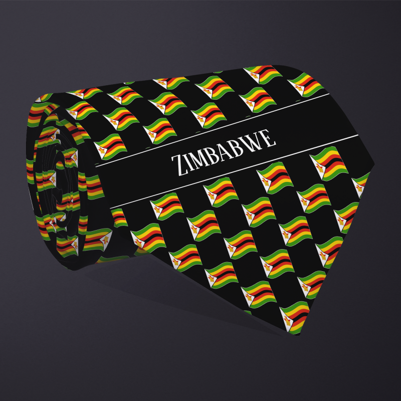 Rolled necktie, with WAVY flag checkerboard design, personalized with text: Zimbabwe