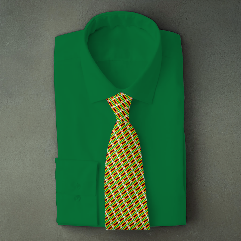 Zimbabwe flag necktie on green folded shirt