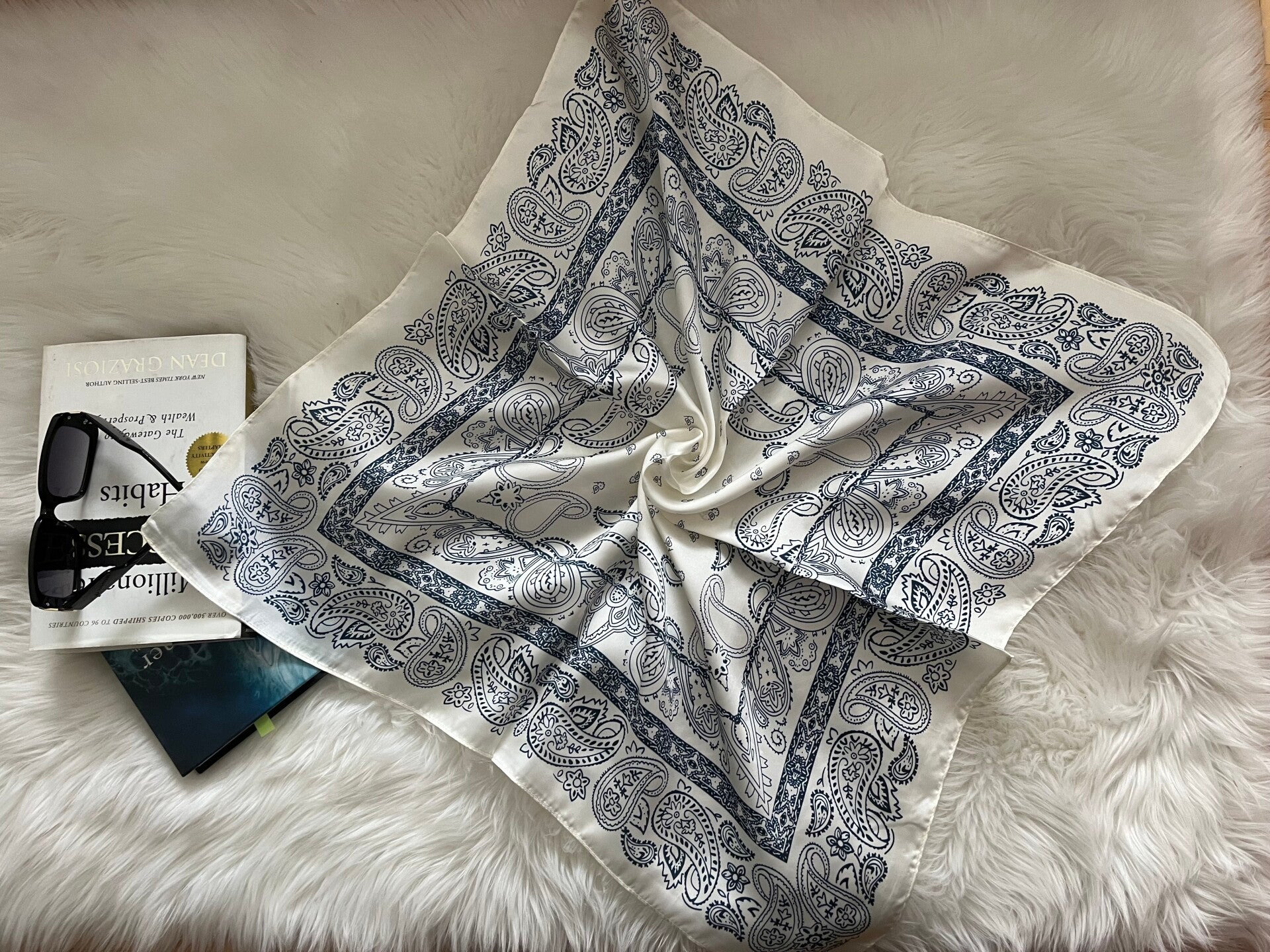 Classic Blue Paisley Satin Silk Scarf