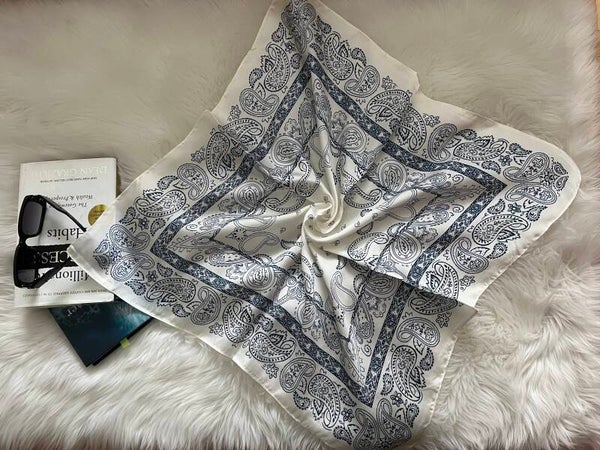 Classic Blue Paisley Satin Silk Scarf