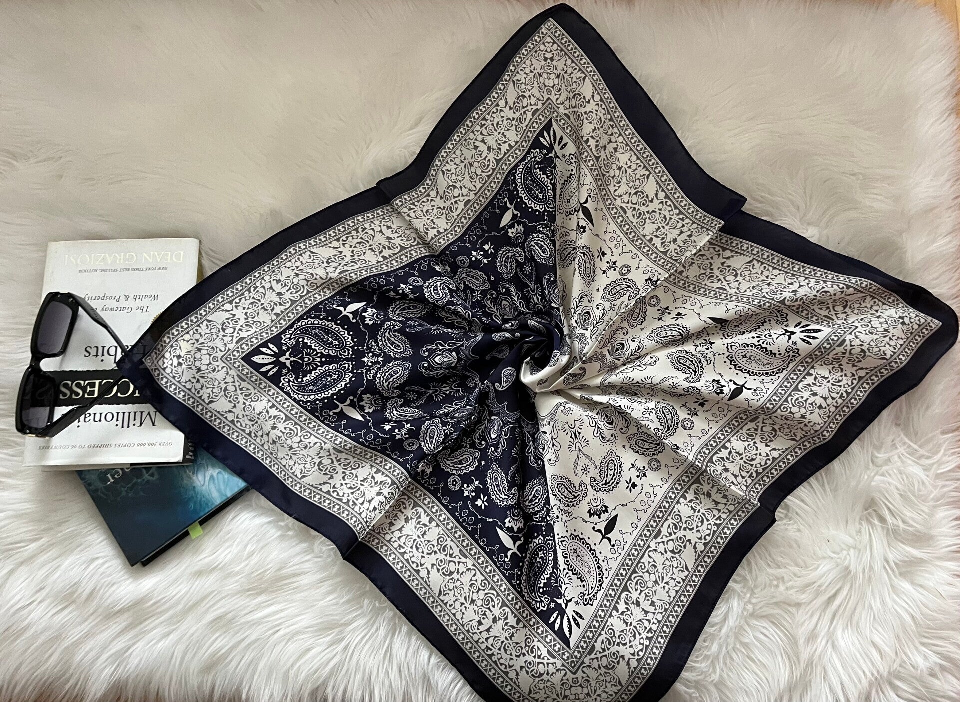 Navy Classic Paisley Satin Silk Scarf