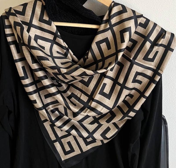 Twill Silk  Black and Beige Geometric Print Scarf