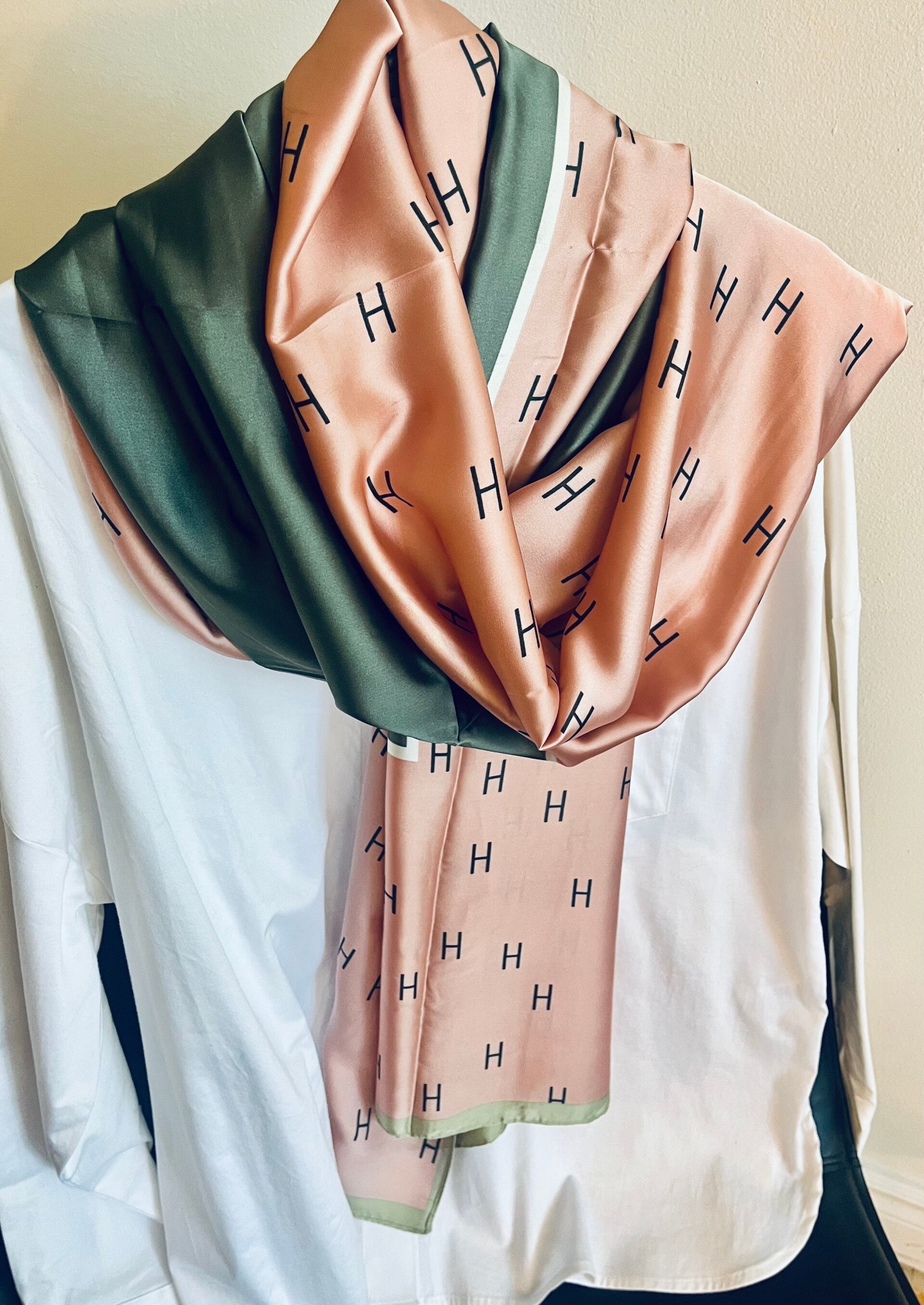 Monogram Chic Blush Pink & Charcoal Silk Satin Scarf