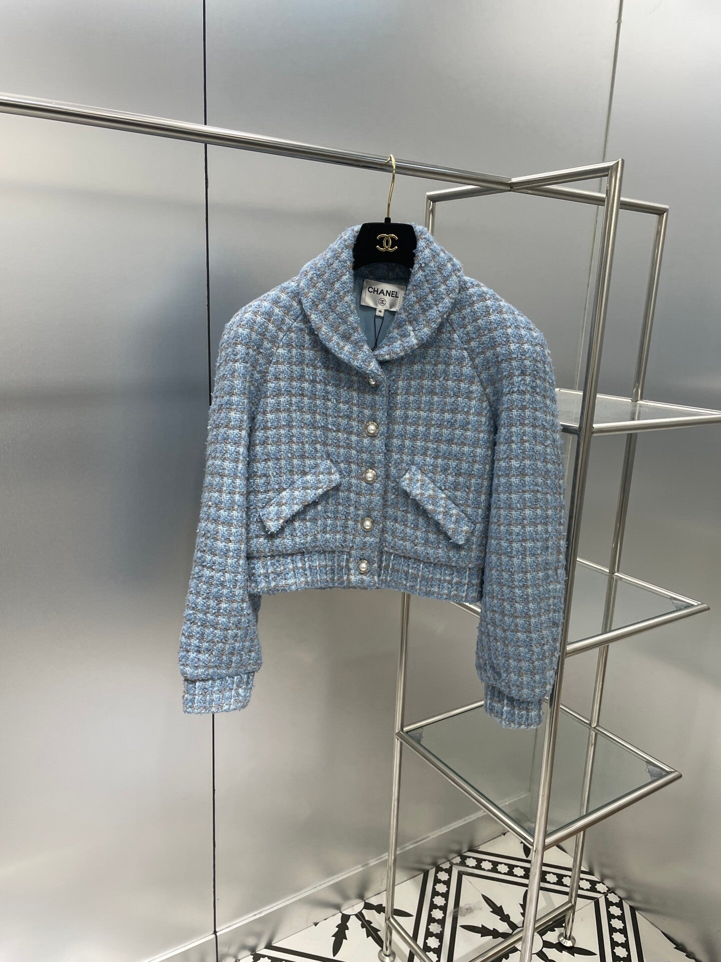 22 autumn and winter new blue tweed jacket, customized fabric satin jacquard