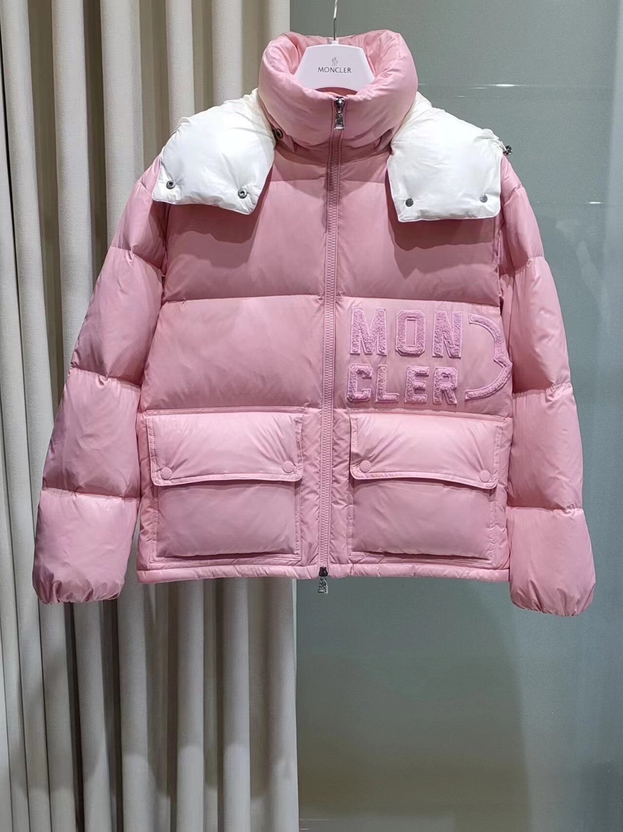 M//ncler cropped jacket in signature patented nylon.