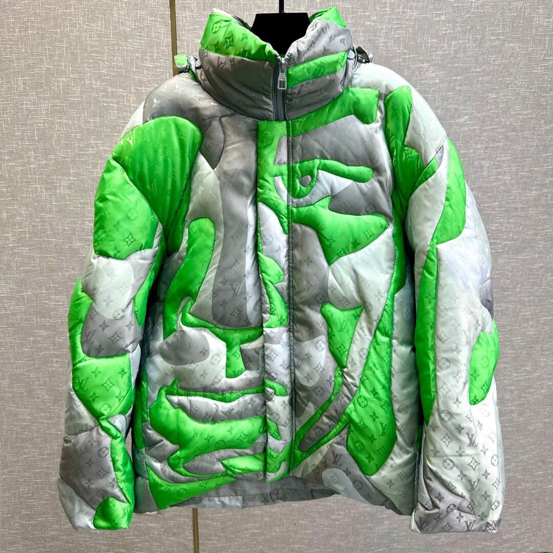 1OUIS VUITTON.. Old flower letter jacquard geometric pattern block hooded down jacket