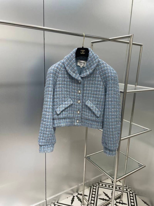 22 autumn and winter new blue tweed jacket, customized fabric satin jacquard