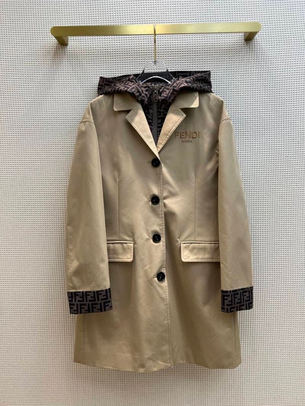 22 autumn and winter FD fake two-piece design button-up mid-length windbreaker jacket