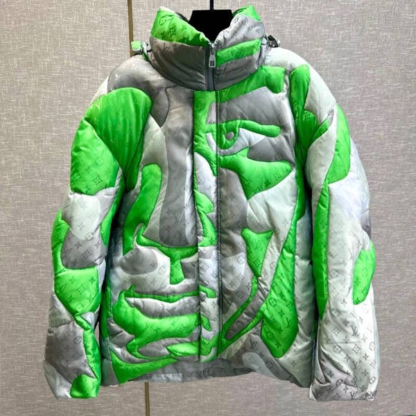 1OUIS VUITTON.. Old flower letter jacquard geometric pattern block hooded down jacket