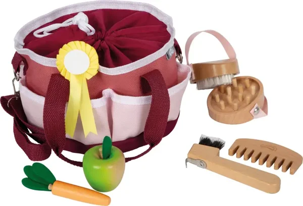 Verzorgingsset voor hobbyhorses, houten paarden & pony’s – Inclusief tas (rood/roze)