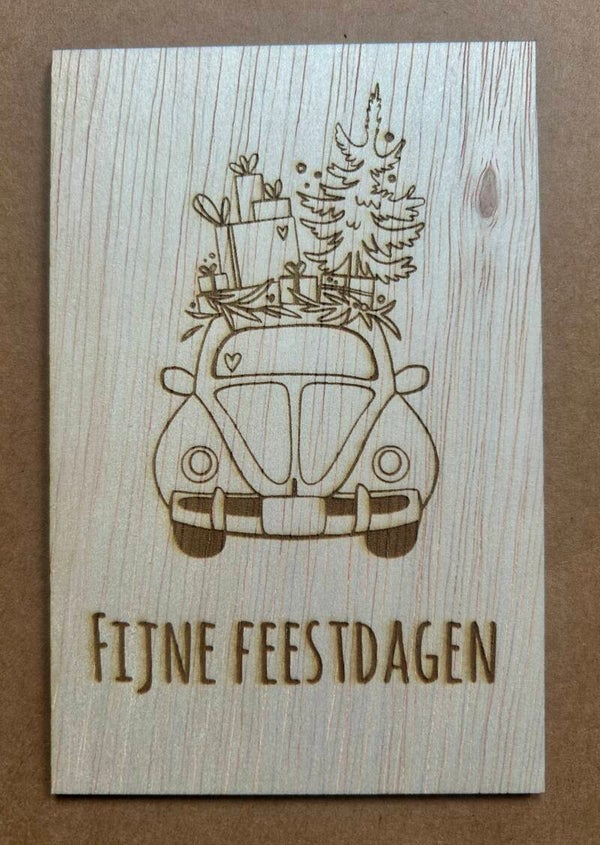 Houten kerstkaart - Fijne Feestdagen met auto