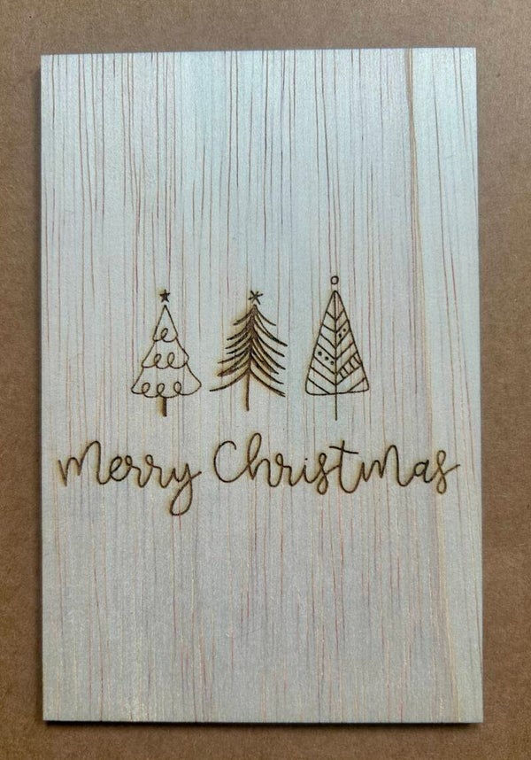 Houten kerstkaart - Merry Christmas 3 Kerstbomen