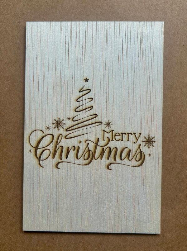 Houten kerstkaart - Merry Christmas + Sierboom