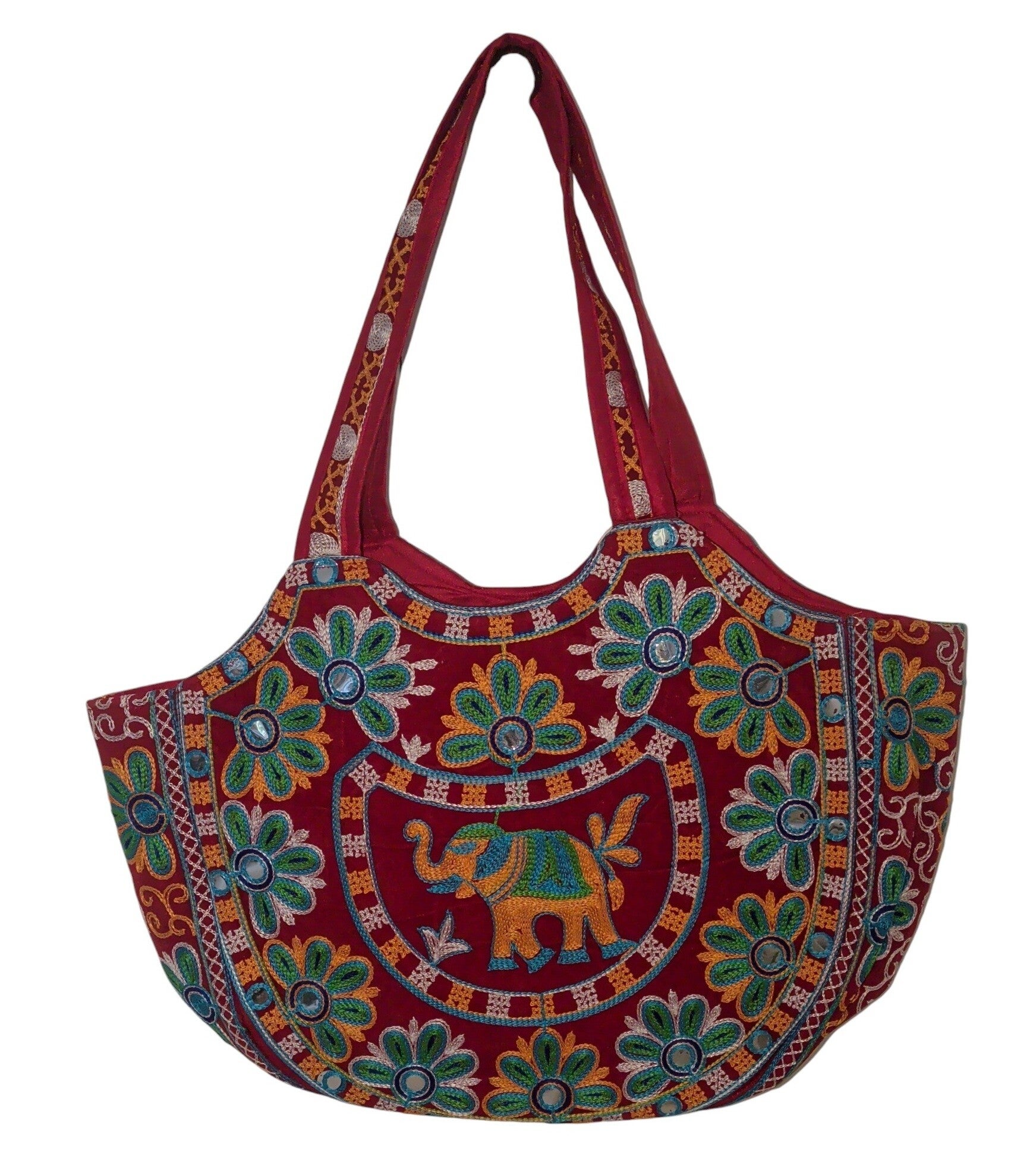 Red Rajasthani Embroidered Elephant Mirror Work Tote Bag