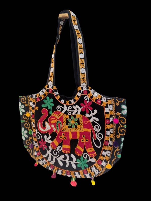 A traditional Rajasthani Jaipuri handwork sling bag in black
