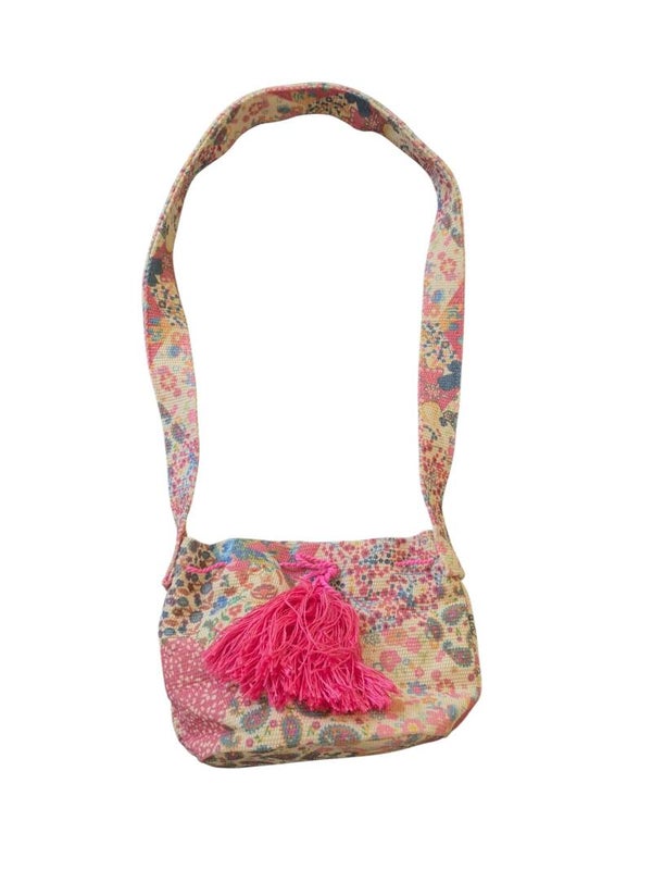 Bohemian Ethnic Print Canvas Bucket Bag with Hot Pink Tassel Accent