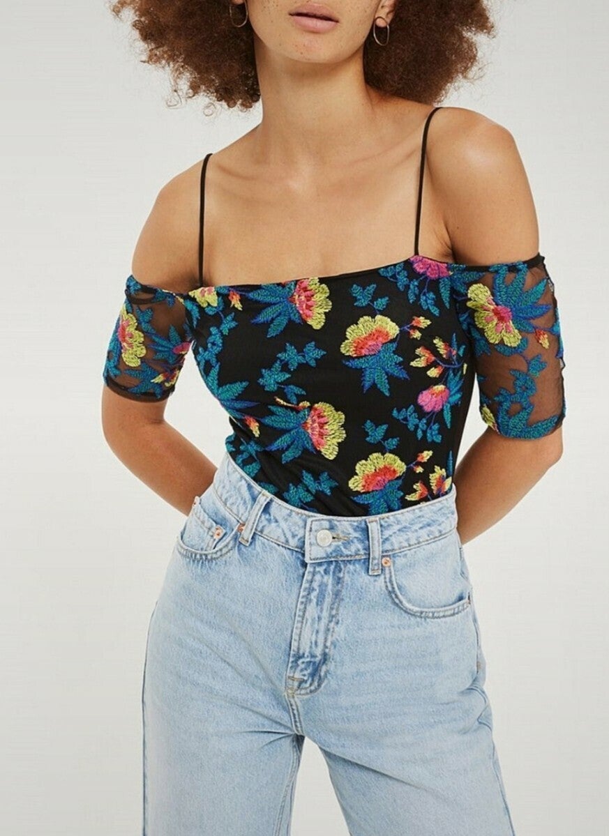Topshop womens Embroidered Body Bodysuit Top UK 4 BNWT leotard
