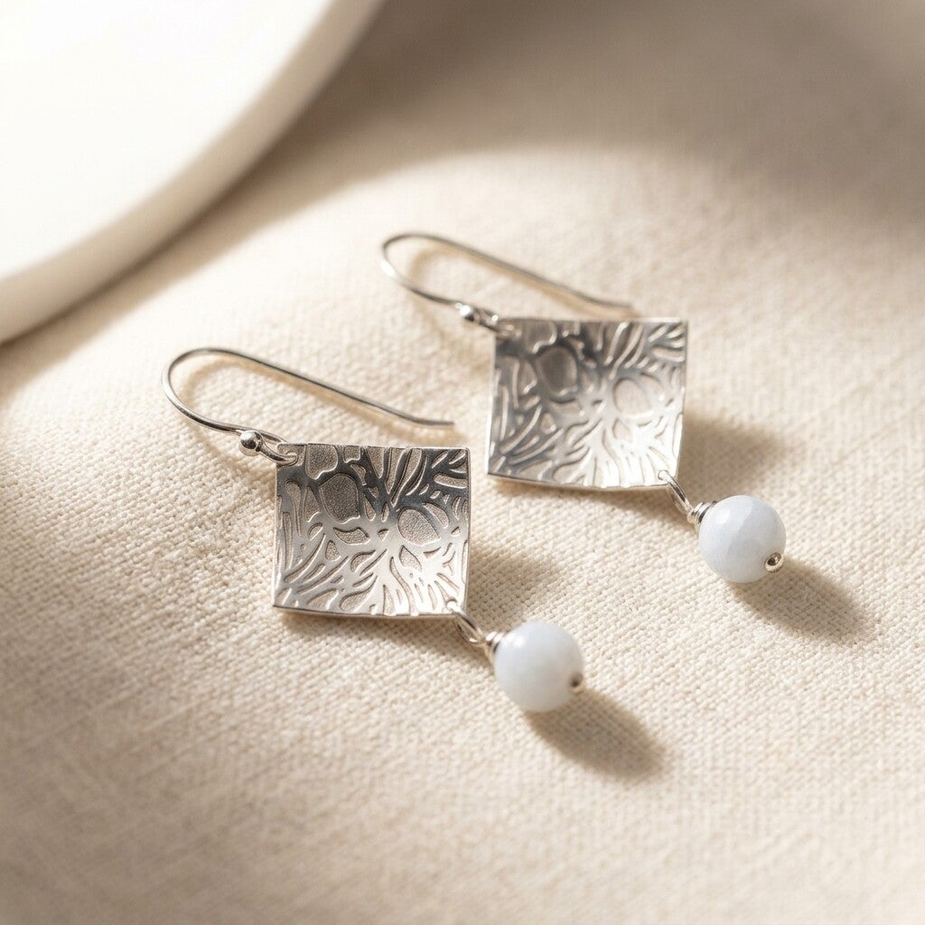 Bloom Silver Drop Earrings with Aqua Marine