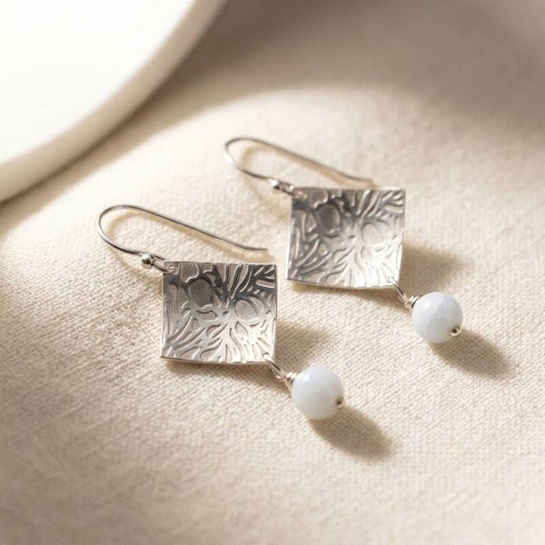 Bloom Silver Drop Earrings with Aqua Marine