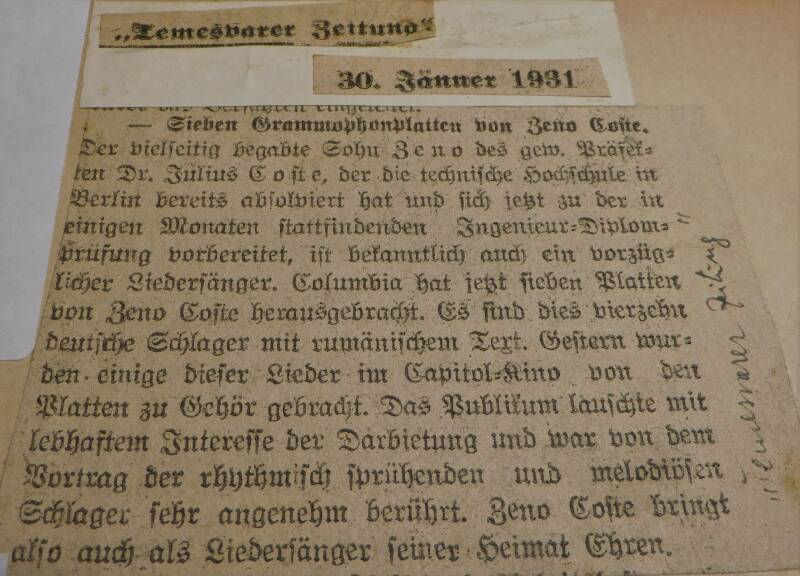 Temeswarer Zeitung über Zeno Coste