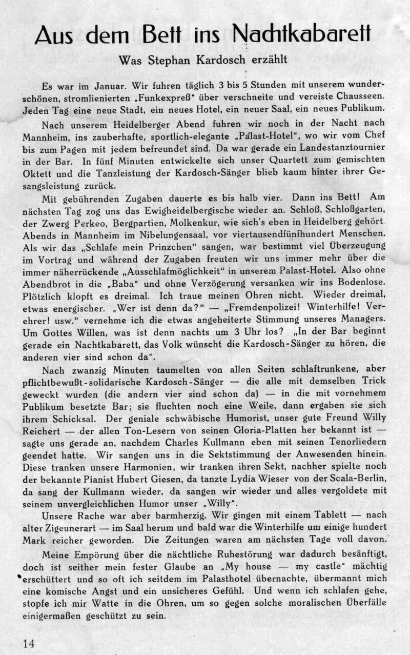 Der Ton 1935, Stephan Kardosch: Aus dem Bett ins Nachtkabarett