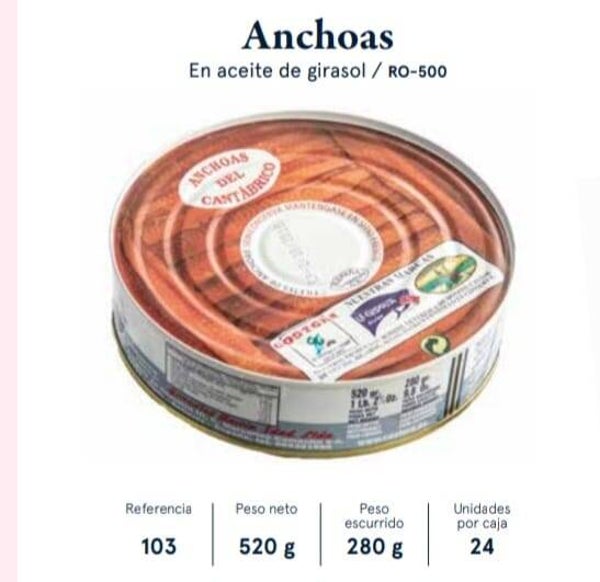 Cartone con 24 Latte da 520 GR cad. - FILETTI DI ACCIUGHE DEL MAR CANTABRICO IN OLIO DI GIRASOLE - Box of 24 Tins - ANCHOVIES FILETS from CANTABRIC SEA - Tins of 520 gr. each in SUNFLOWER OIL