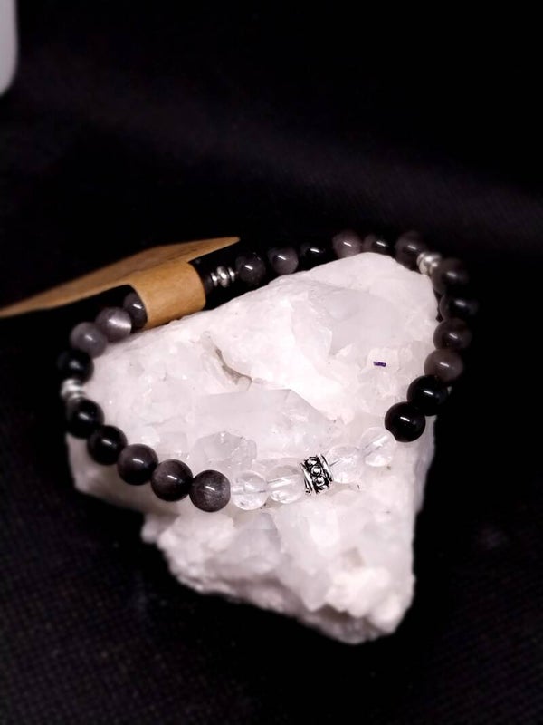 Bracelet en Obsidienne œil céleste et cristal de roche 17 cm