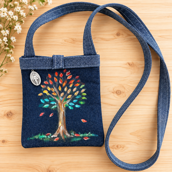 Borsina porta cellulare - jeans - dipinta a mano - Albero