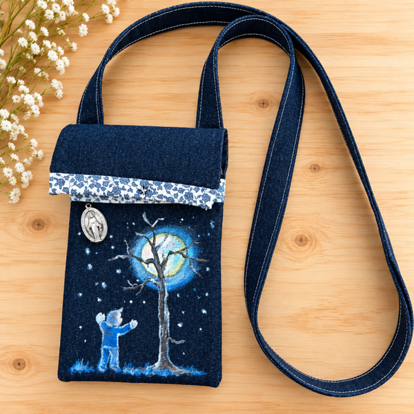 Borsina porta cellulare - jeans - dipinta a mano - Bambino notte