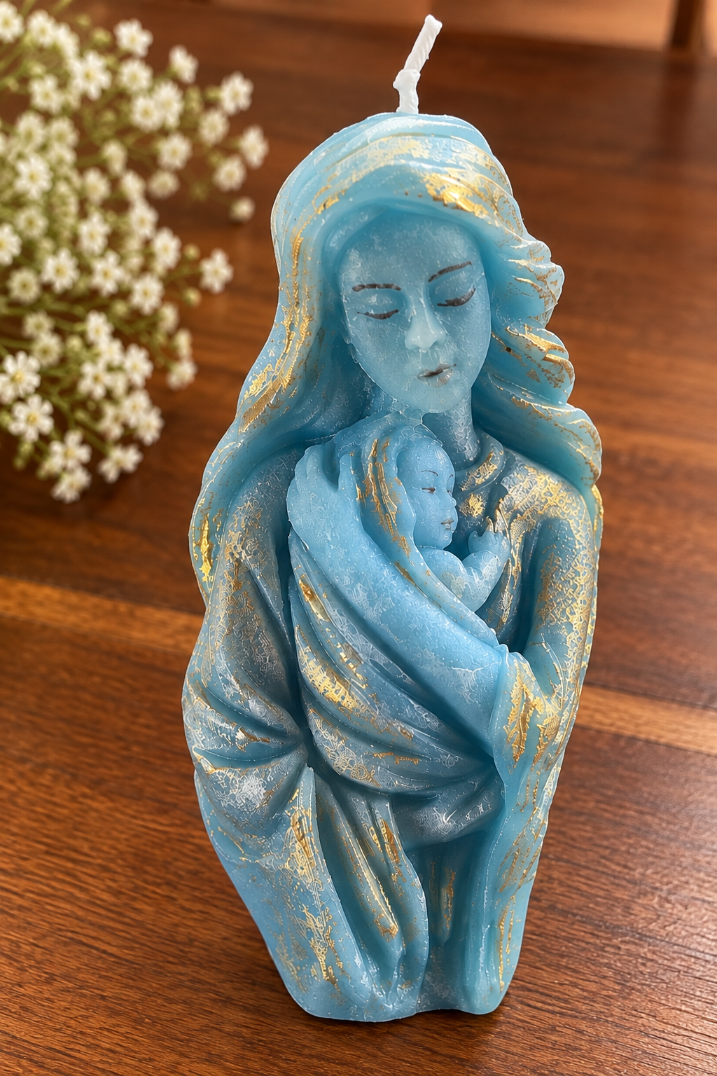 Candela artigianale - Madonna con il Bambino - Celeste oro