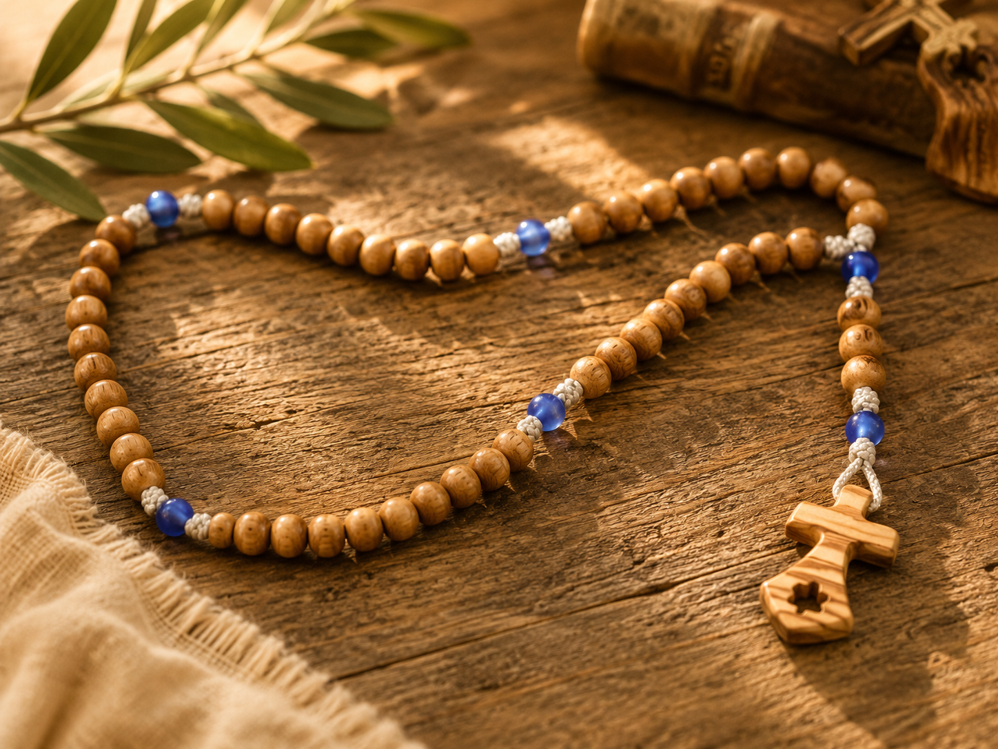 Rosario in legno con grani del Padre Nostro in similmadreperla blu e croce del Carmelo