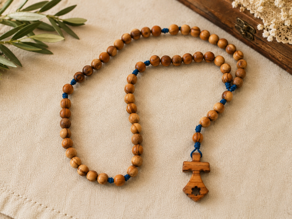 Rosario in legno d'olivo  Filo azzurro - Croce del Carmelo