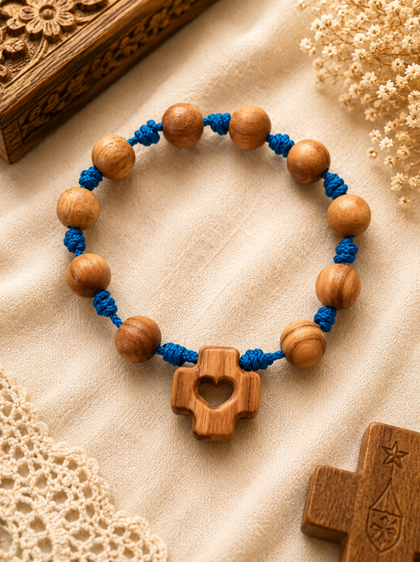 Rosario decina legno d'olivo con croce col cuore - Azzurro