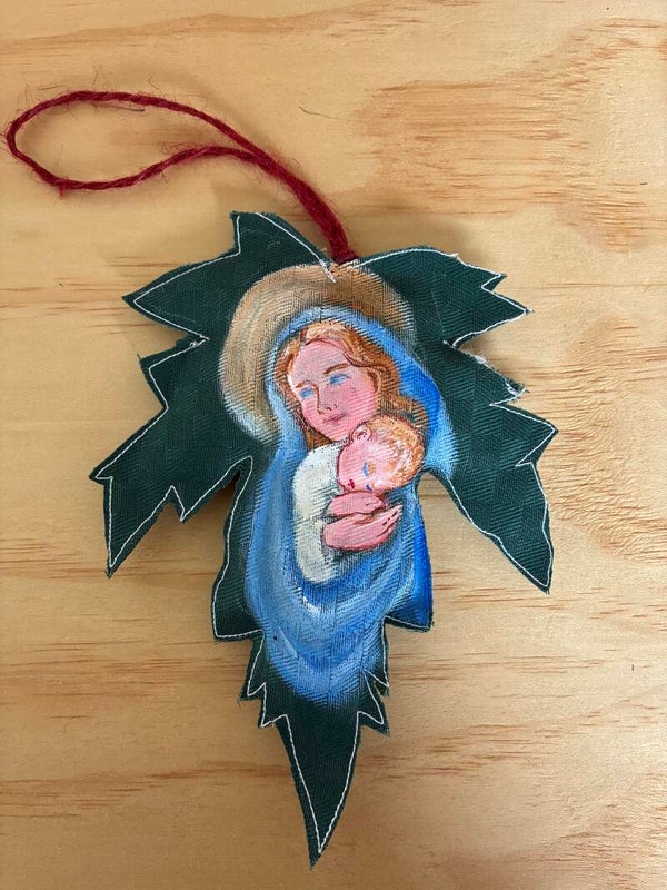 Addobbi natalizi dipinti a mano - Foglia - Maria e Gesù Bambino