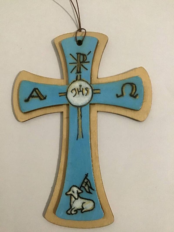 Croce di legno decorata a mano da appendere - Azzura