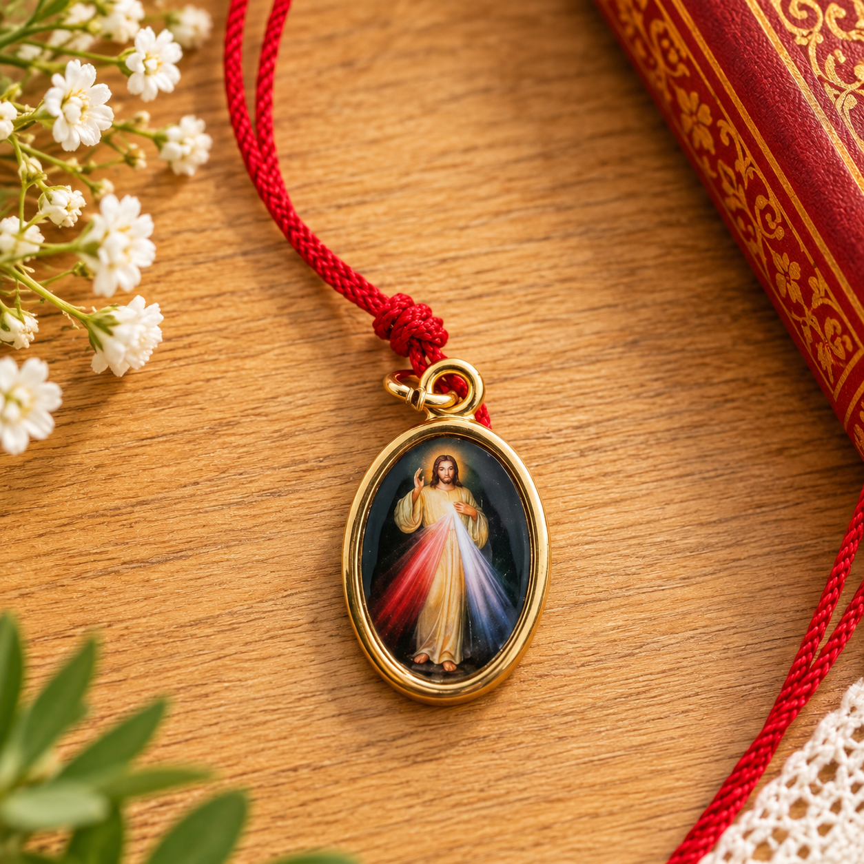 Medaglia Gesù Misericordioso con cordoncino colorato