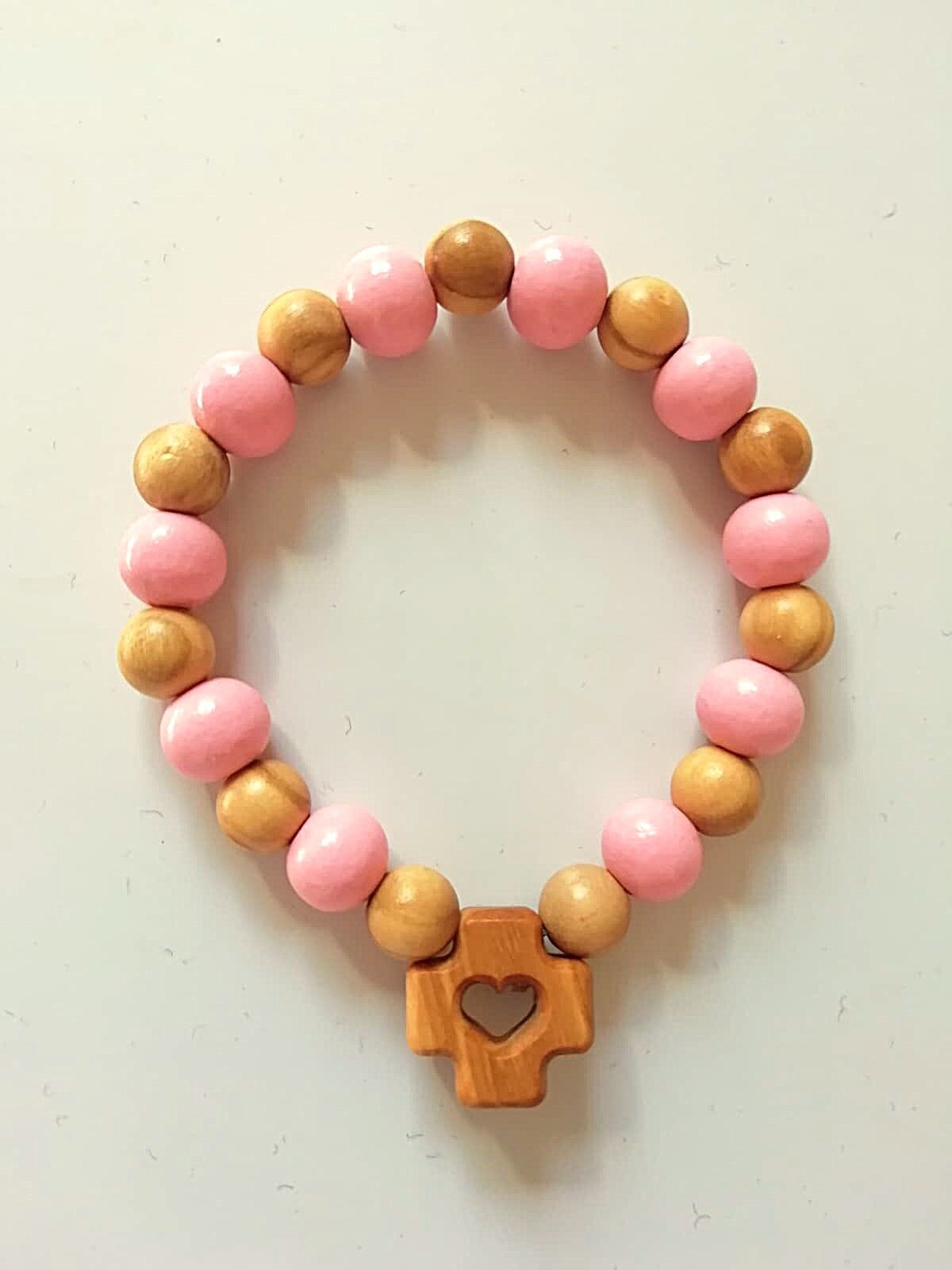 Decina Braccialetto con filo elastico in legno colorato e d'olivo - Rosa
