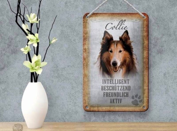 Hunde-Blechschild Collie – Collie-Liebe im Vintage-Stil! (12×18cm)