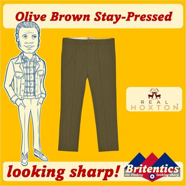 Real Hoxton Stay-Pressed Trousers Olive Brown REA47