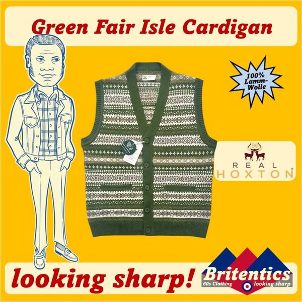 Real Hoxton Green Fair Isle Sleeveless Cardigan REA55