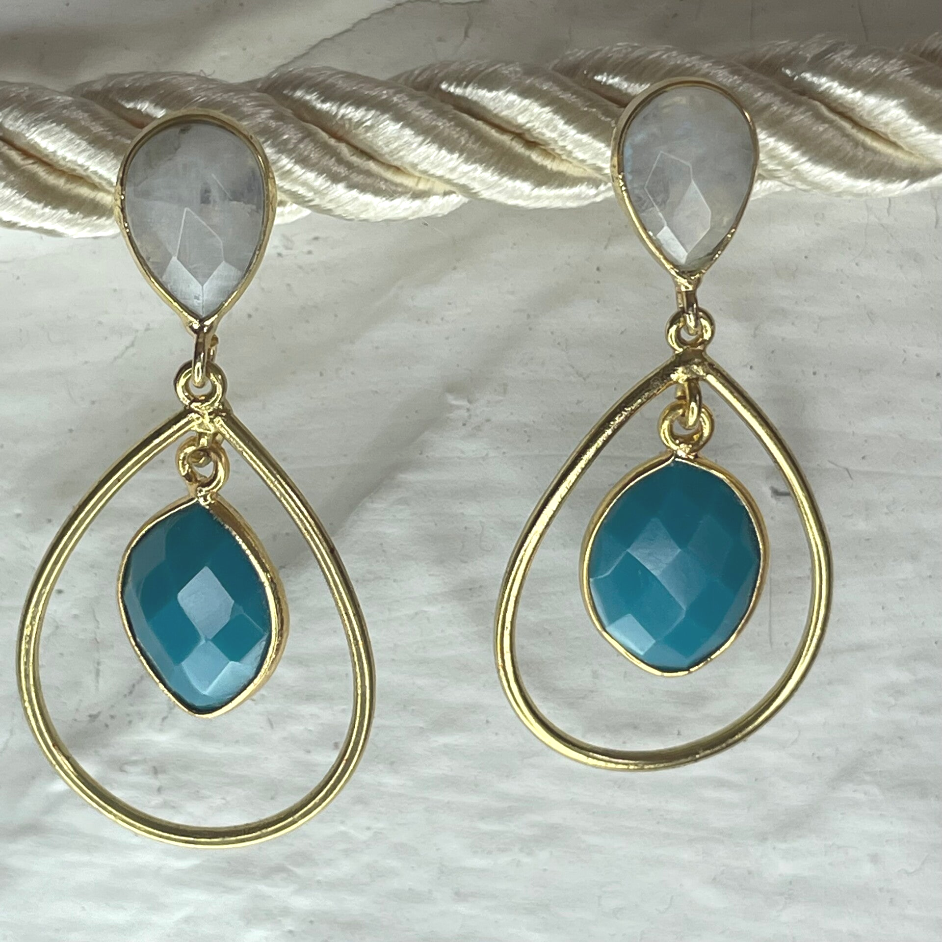 Boucle d'oreille créole - pierre de lune, turquoise