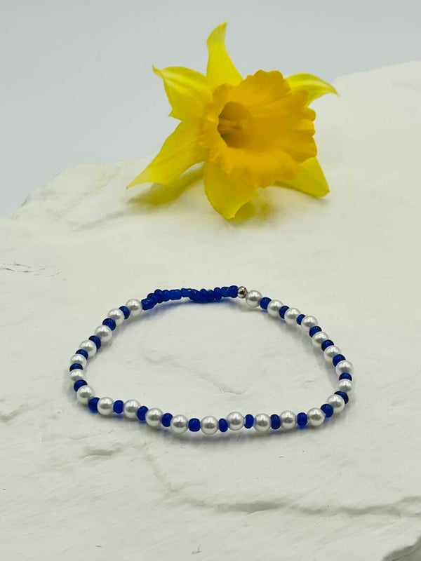 Bracelet perles de culture rondes blanches - bleu