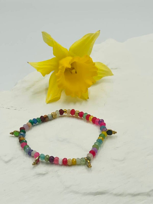 Bracelet perles agates multicolore - petites gouttes or